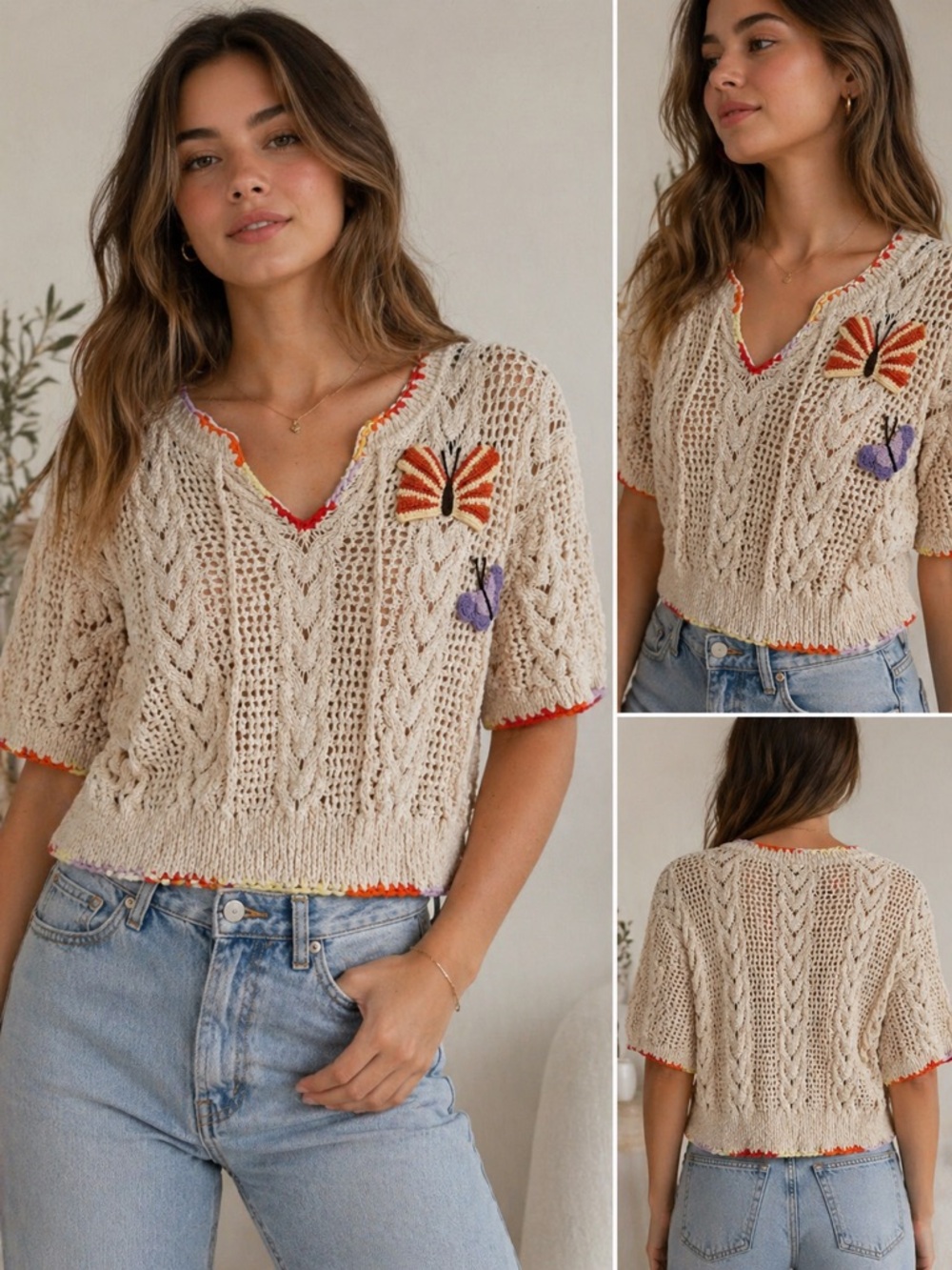 Coach Crochet Knit Butterfly Sweater Top Cream Short Sleeve Boho Size L
